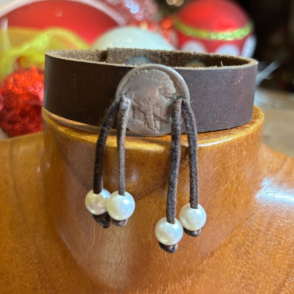 Jewelry - Rae Ramsey Leather Pearl and Buffalo Nickel Bracelet Cuff. RODEO